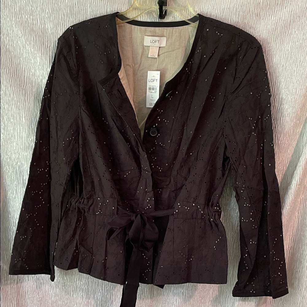 Ann Taylor LOFT black eyelet jacket with off white liner